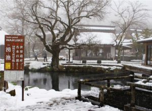 忍野八海は新型コロナウイルス感染拡大防止のための「外出自粛」と降雪の影響で閑散としていた＝忍野村忍草