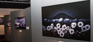 さまざまな富士山の写真が並ぶ展示会＝富士吉田・ふじさんミュージアム